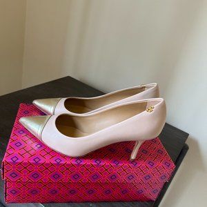 tory Burch penelope 65mm cap-toe pump light-taupe spark gold size 7.5 new with b